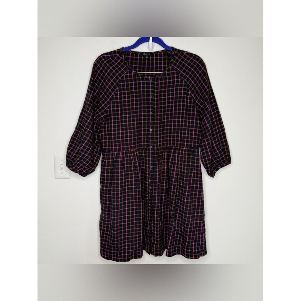Madewell Plaid Flannel Raglan Button-Front Shirtdress Dark Academia Cottagecore
